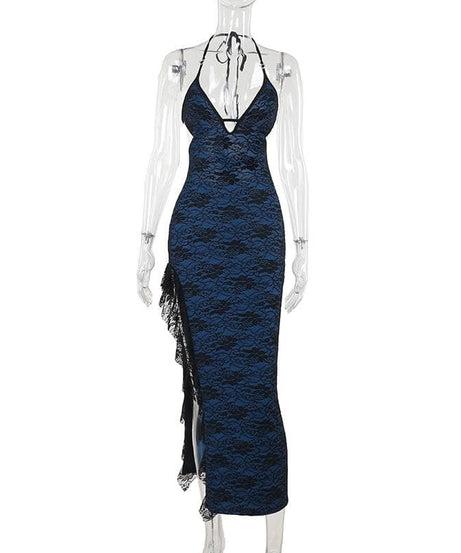 Midnight Blue Lace Halter Maxi Dress with Sassy Slit & Cut-Outs – Your Fall & Holiday Event Staple
