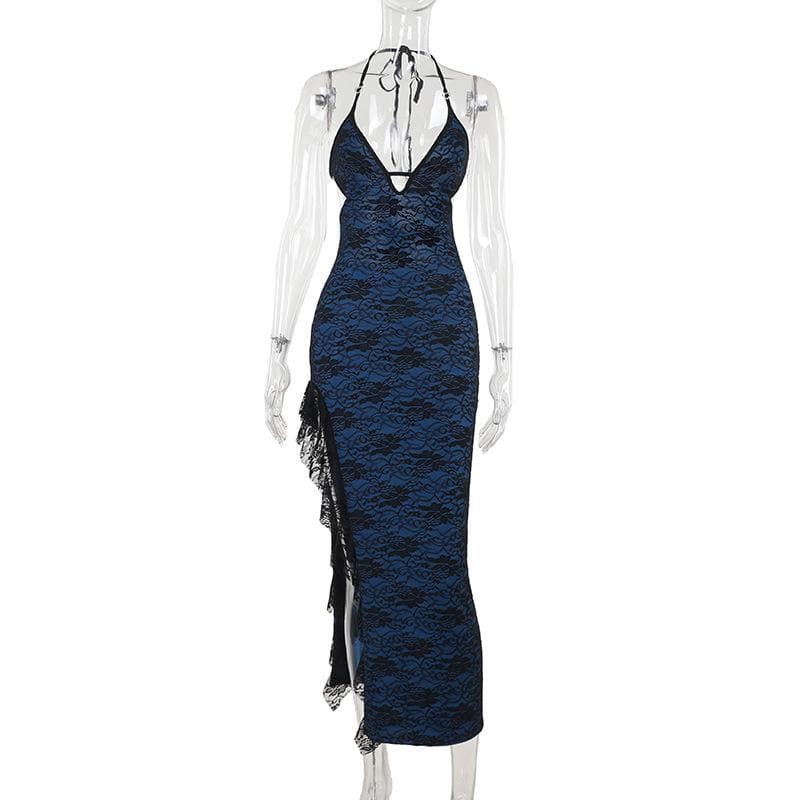 Midnight Blue Lace Halter Maxi Dress with Sassy Slit & Cut-Outs – Your Fall & Holiday Event Staple