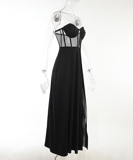 Glamorous Black Mesh Corset Maxi Dress with Dual High Slits - Fall & Holiday Party Ready