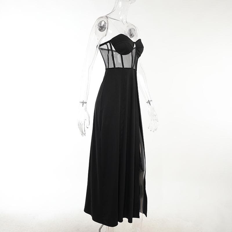 Glamorous Black Mesh Corset Maxi Dress with Dual High Slits - Fall & Holiday Party Ready