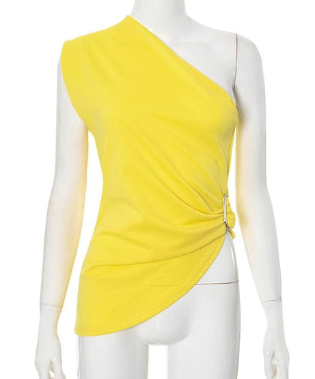 Radiant Yellow One-Shoulder Statement Top - Chic Ruched Buckle Accent for Fall Evenings