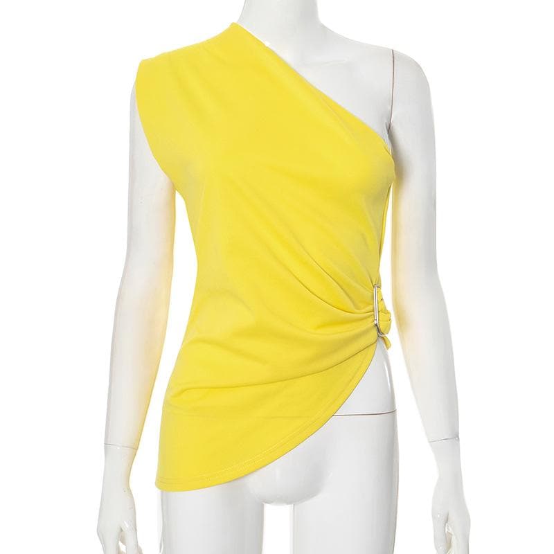 Radiant Yellow One-Shoulder Statement Top - Chic Ruched Buckle Accent for Fall Evenings