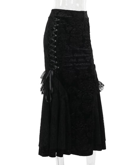 Enchanting Black Velvet Lace-Up Maxi Skirt | Gothic Fall & Halloween Statement Piece
