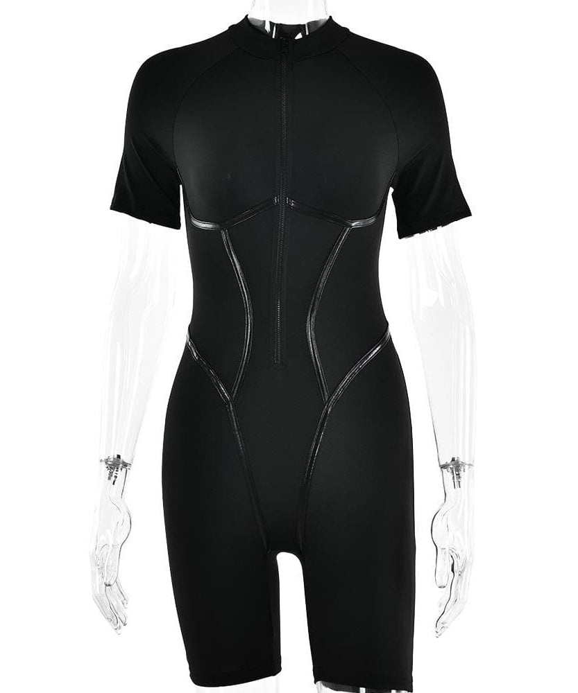Sleek & Sculpted: High-Neck Zip-Up Contour Romper – Your Essential Fall & Halloween Statement