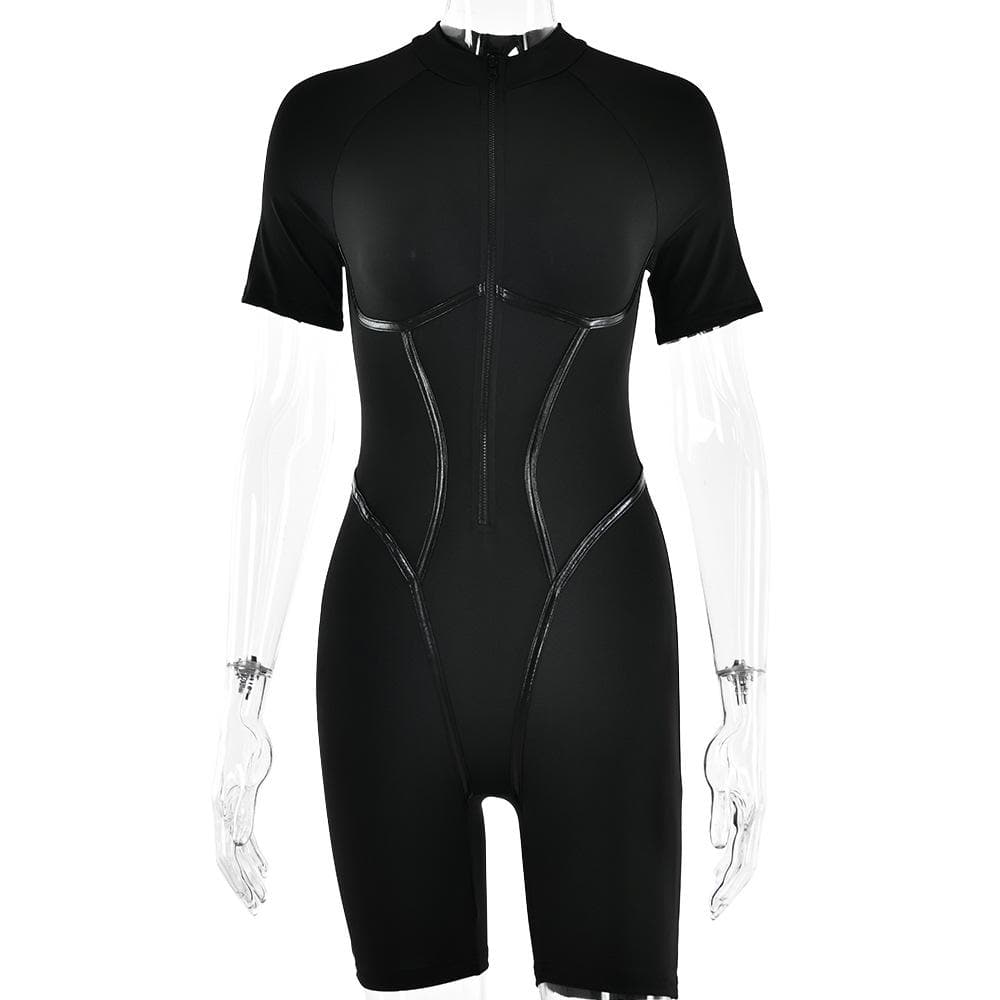 Sleek & Sculpted: High-Neck Zip-Up Contour Romper – Your Essential Fall & Halloween Statement