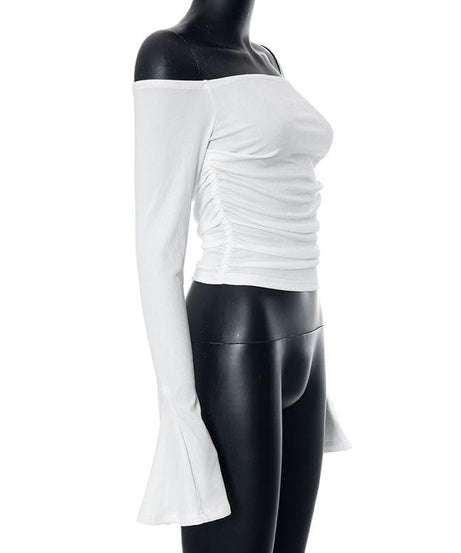 Effortless Fall Chic: Ribbed Off-Shoulder Ruched Top with Bell Sleeves