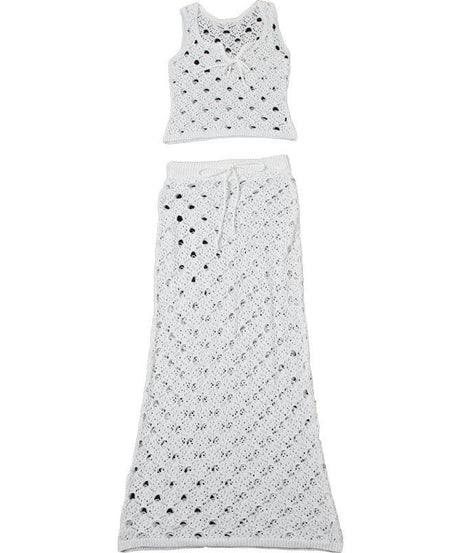 White Crochet Knit Maxi Skirt Set - Effortless Resort Wear Tank & Skirt for Your Next Getaway