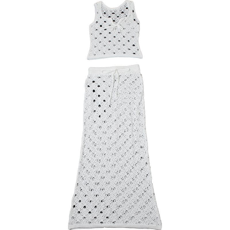 White Crochet Knit Maxi Skirt Set - Effortless Resort Wear Tank & Skirt for Your Next Getaway