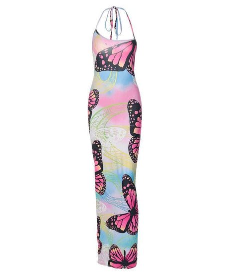 Vibrant Butterfly Bodycon Maxi Dress - Dreamy Tie-Shoulder Resort & Vacation Style