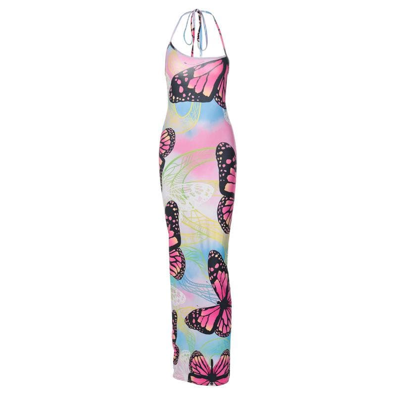 Vibrant Butterfly Bodycon Maxi Dress - Dreamy Tie-Shoulder Resort & Vacation Style