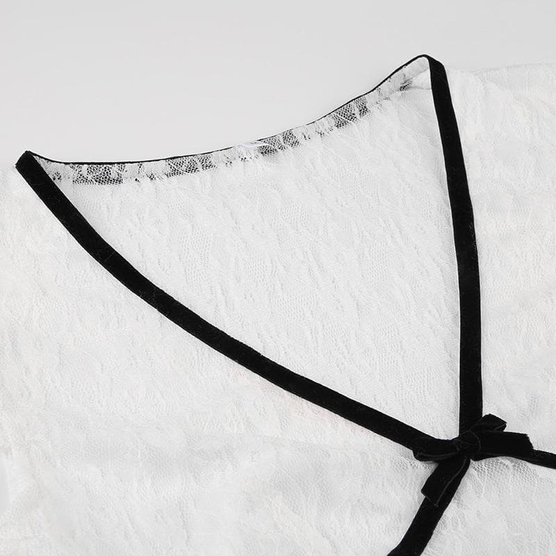 Autumn Allure Sheer Lace Crop Top | Romantic V-Neck, Bow & Contrast Trim | Trendy Fall Going Out Piece