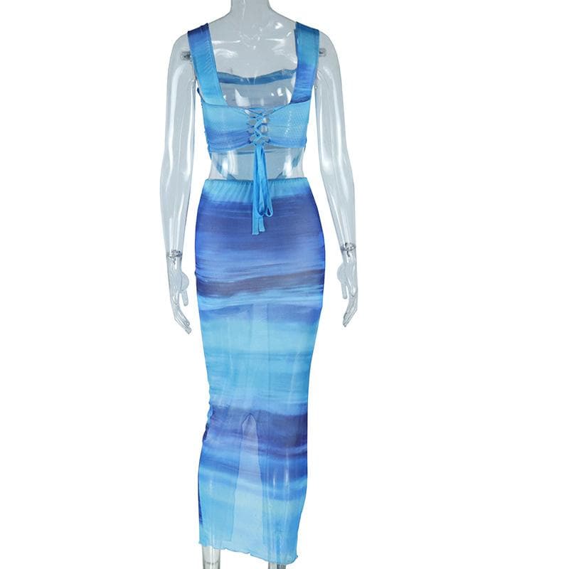 Oceanic Ombre Mesh Cami & Midi Skirt Set - Chic Vacation & Fall Getaway Essential