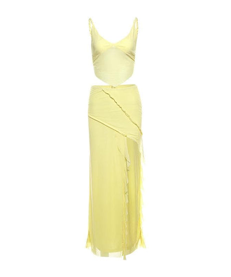 Golden Hour Glow: Breezy Yellow Mesh Cami & Ruffle Slit Maxi Skirt Set - Vacation & Resort Ready