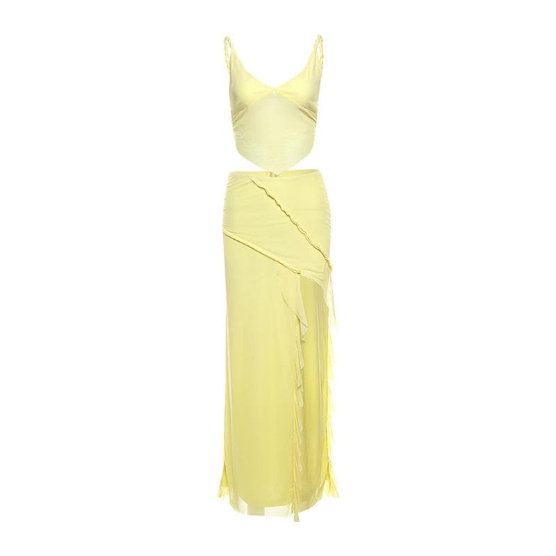 Golden Hour Glow: Breezy Yellow Mesh Cami & Ruffle Slit Maxi Skirt Set - Vacation & Resort Ready