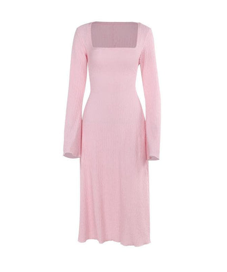 Cozy-Chic Blush Pink Ribbed Knit Midi Dress - Square Neck Long Sleeve for Fall