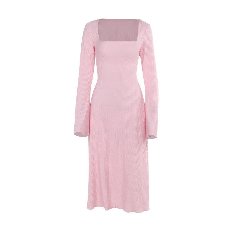 Cozy-Chic Blush Pink Ribbed Knit Midi Dress - Square Neck Long Sleeve for Fall