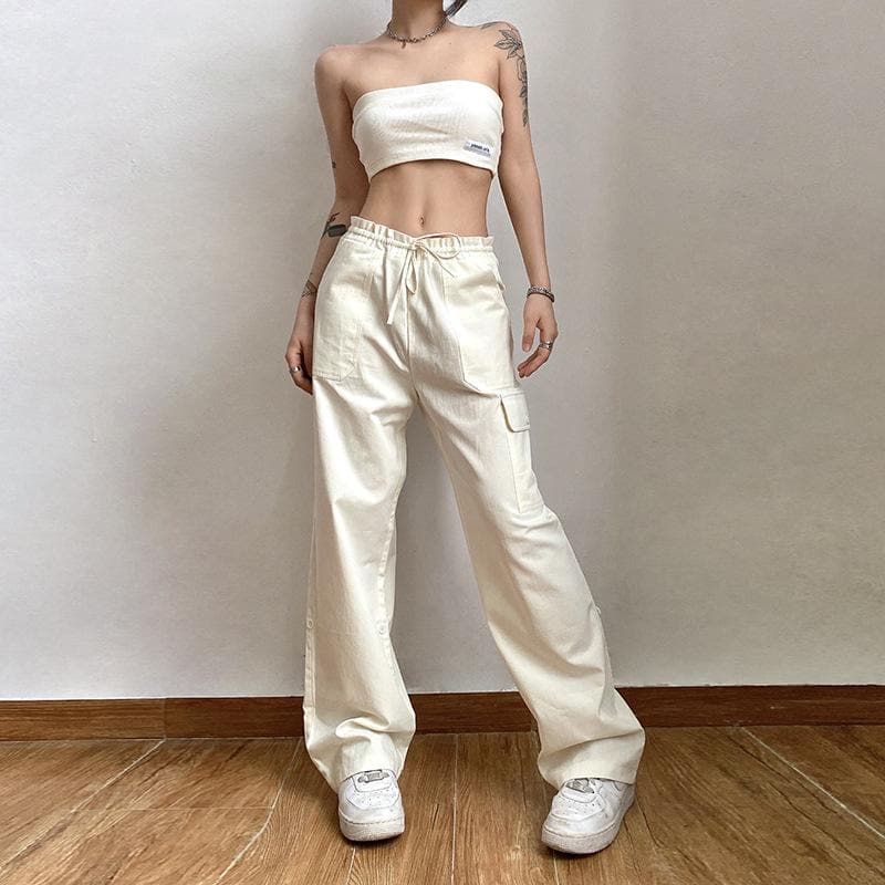Effortless High-Waisted Cream Cargo Pants | Drawstring Wide Leg for Fall Trends