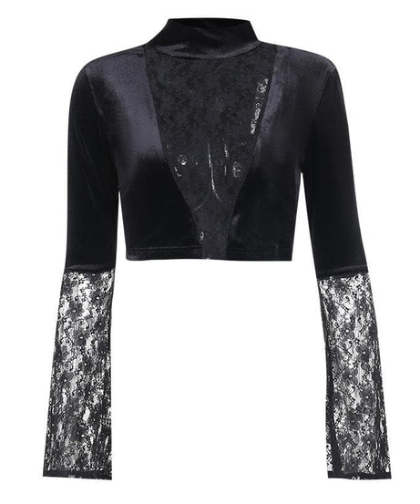 Midnight Enchantress Velvet & Lace Crop Top | High Neck Bell Sleeve Blouse for Fall & Halloween