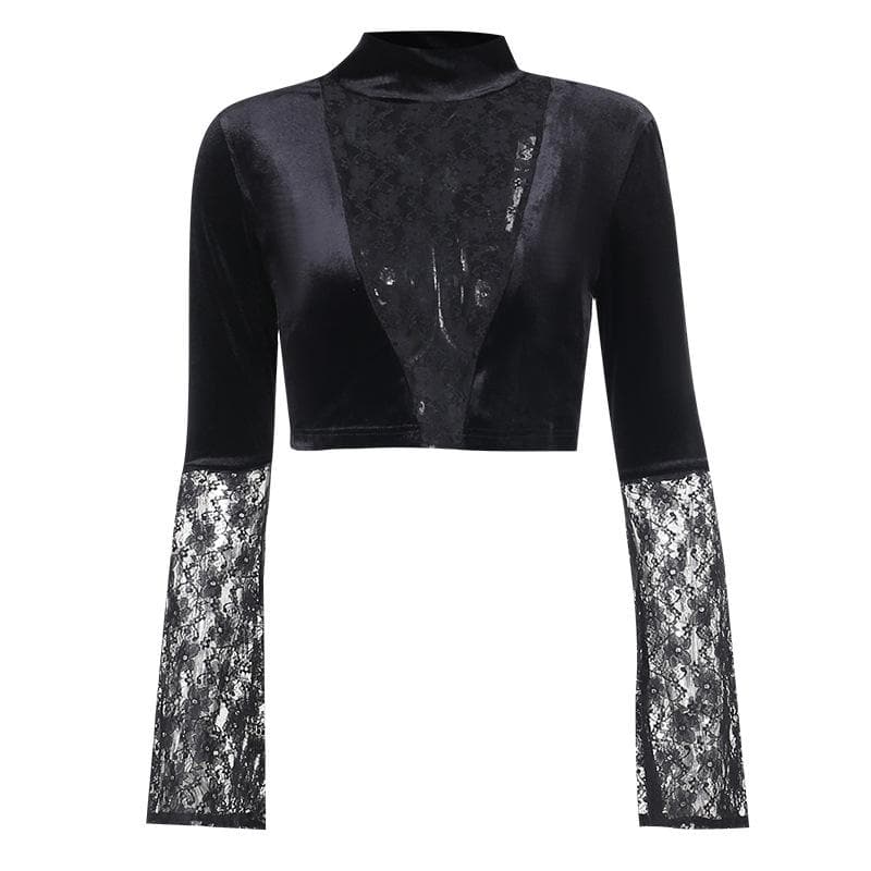 Midnight Enchantress Velvet & Lace Crop Top | High Neck Bell Sleeve Blouse for Fall & Halloween