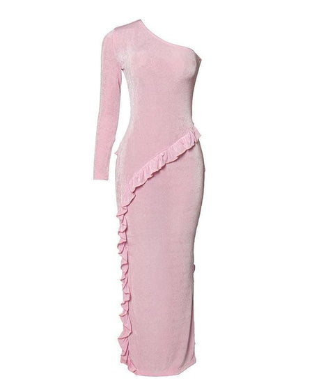 Elegant Lilac One-Shoulder Ruffle Maxi Dress - Fall Event & Holiday Party Ready