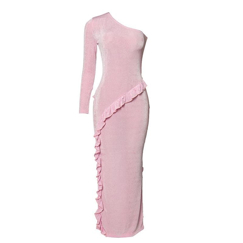 Elegant Lilac One-Shoulder Ruffle Maxi Dress - Fall Event & Holiday Party Ready