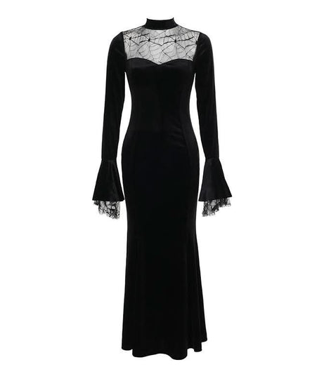 Haute Halloween: Black Velvet Spiderweb Maxi Dress - Elegant Gothic Glamour