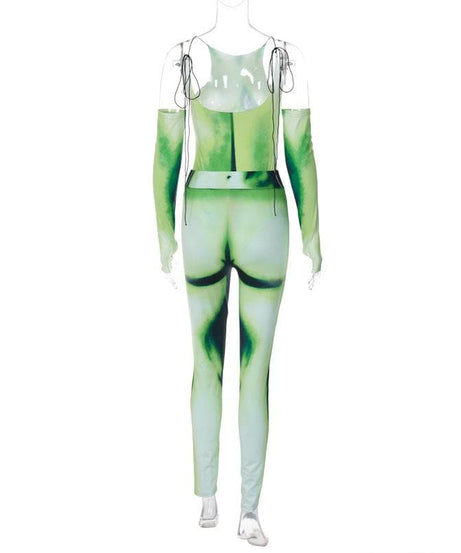 Alien Goddess Green Illusion Jumpsuit Set - Backless Bodysuit & Cold Shoulder Rave Pants