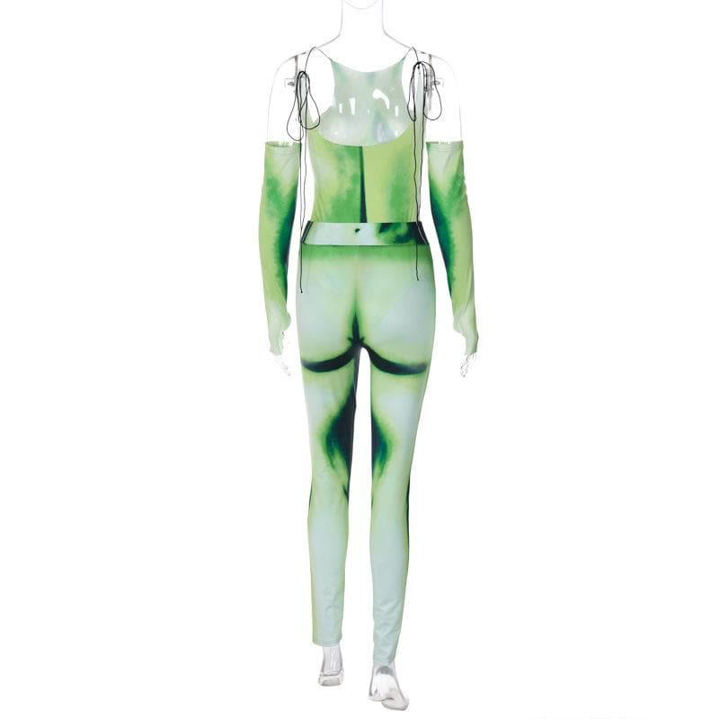 Alien Goddess Green Illusion Jumpsuit Set - Backless Bodysuit & Cold Shoulder Rave Pants