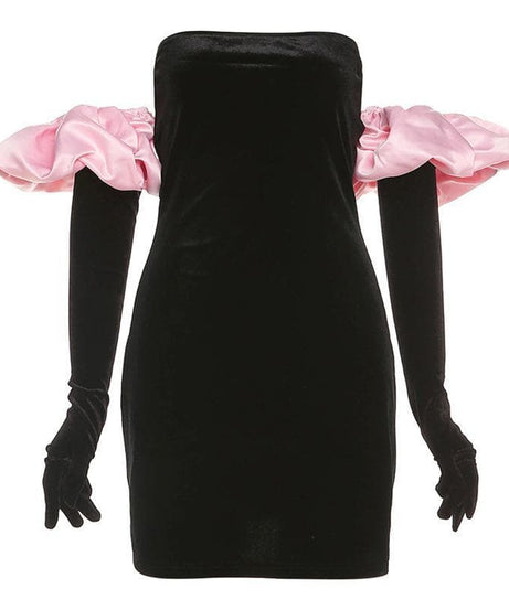 Chic Velvet Off-Shoulder Mini Dress with Luxe Pink Puff Sleeves – Your Go-To for Fall & Holiday Parties