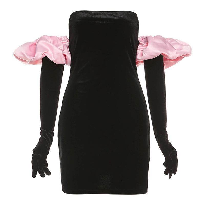 Chic Velvet Off-Shoulder Mini Dress with Luxe Pink Puff Sleeves – Your Go-To for Fall & Holiday Parties