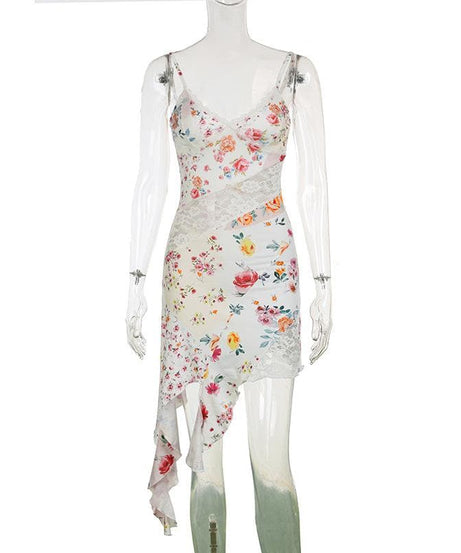 Romantic Floral Lace Cami Mini Dress - Asymmetrical Hem & Resort Ready Style