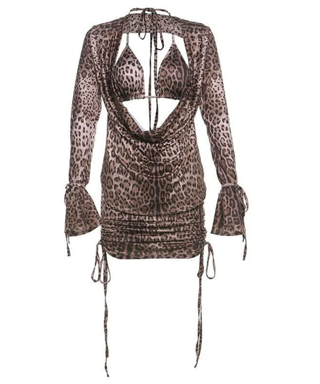 Fierce Leopard Print 3-Piece Cowl Neck Cutout Mini Skirt Set | Adjustable Ruched Fall Party & Club Wear