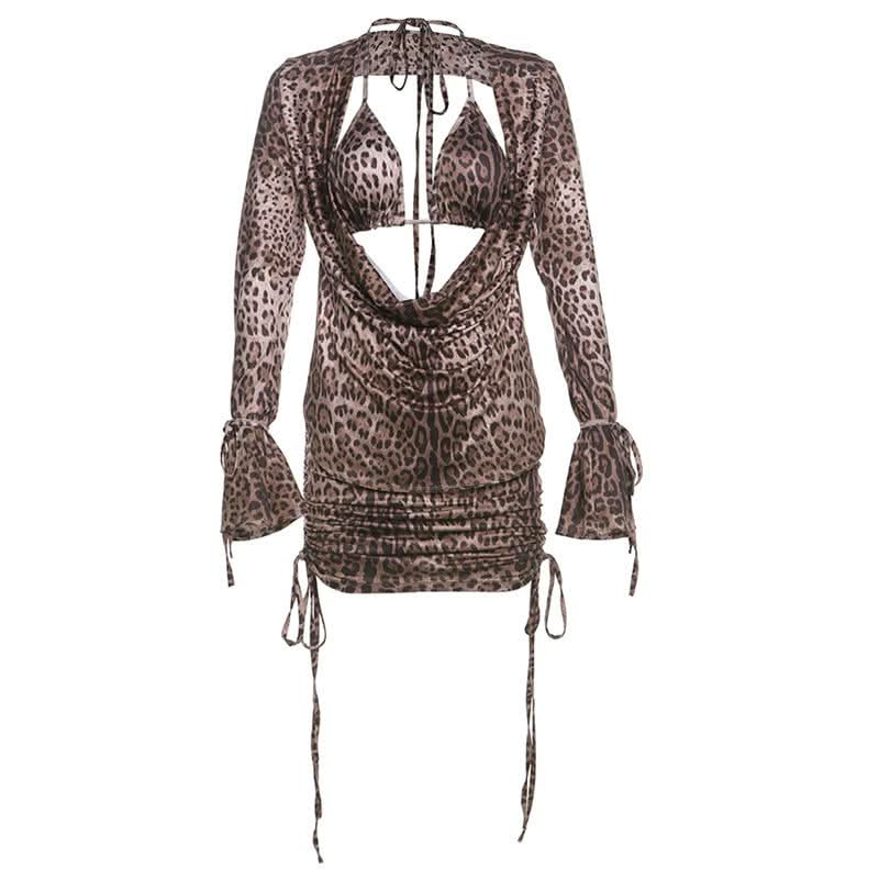 Fierce Leopard Print 3-Piece Cowl Neck Cutout Mini Skirt Set | Adjustable Ruched Fall Party & Club Wear