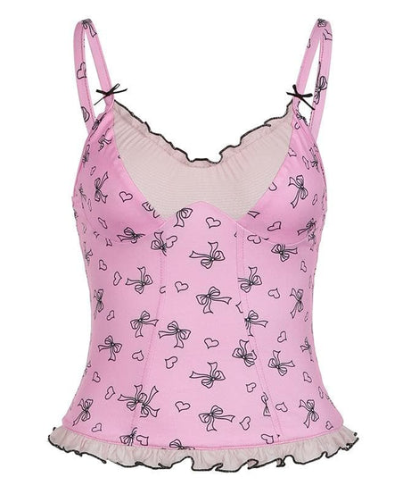 Darling Coquette Pink Bow & Heart Ruffle Bustier Cami Top - Fall Fashion Essential