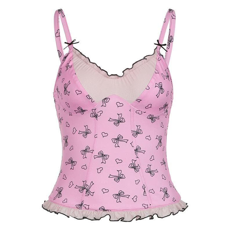 Darling Coquette Pink Bow & Heart Ruffle Bustier Cami Top - Fall Fashion Essential