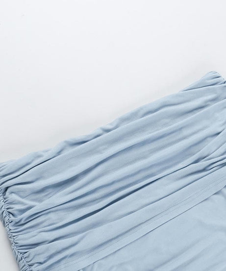 Sky Blue Off-Shoulder Ruched Long Sleeve Top - Asymmetrical Hem for Effortless Fall Style