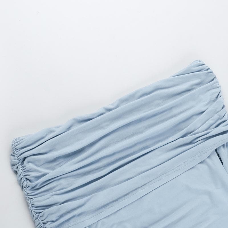 Sky Blue Off-Shoulder Ruched Long Sleeve Top - Asymmetrical Hem for Effortless Fall Style