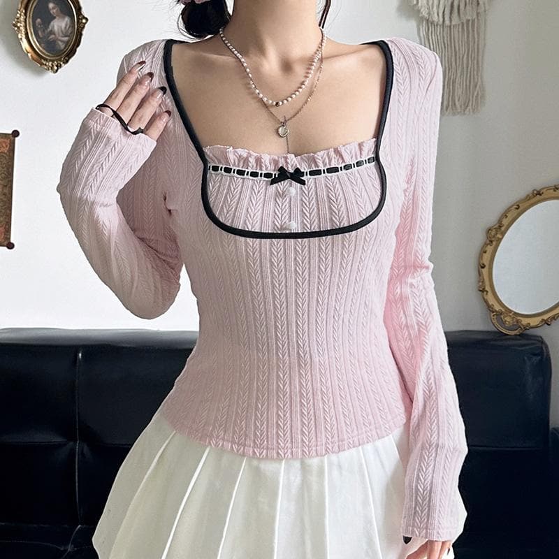 Sweetheart Pink Ribbed Knit Top - Chic Square Neck Long Sleeve with Ruffle & Bow Detail for Fall