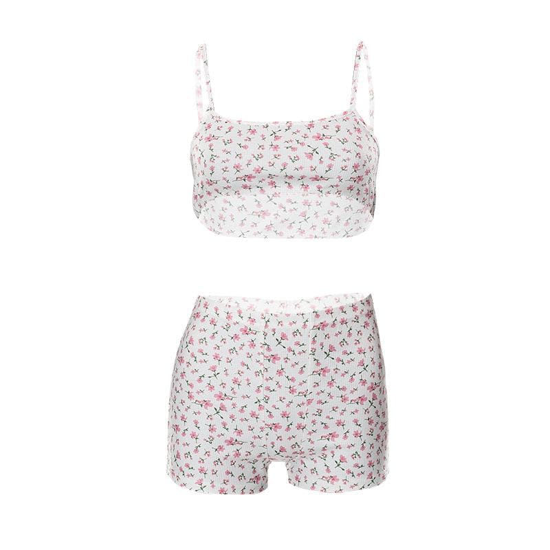 Adorable Floral Textured Cami Crop Top & Shorts Set - Cozy Fall Loungewear for Women