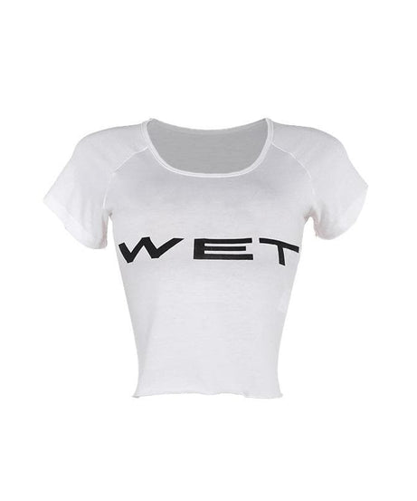 "WET" Statement Crop Top | Y2K Scoop Neck Raglan Tee for Fall & Halloween