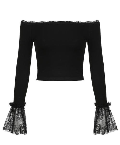 Chic Black Lace Off-Shoulder Crop Top | Bell Sleeves for Fall & Halloween