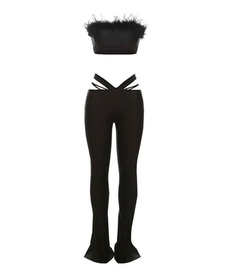 Glam Feather Tube Top & Cutout Flare Pants Set - Ultimate Fall Party & Halloween Style