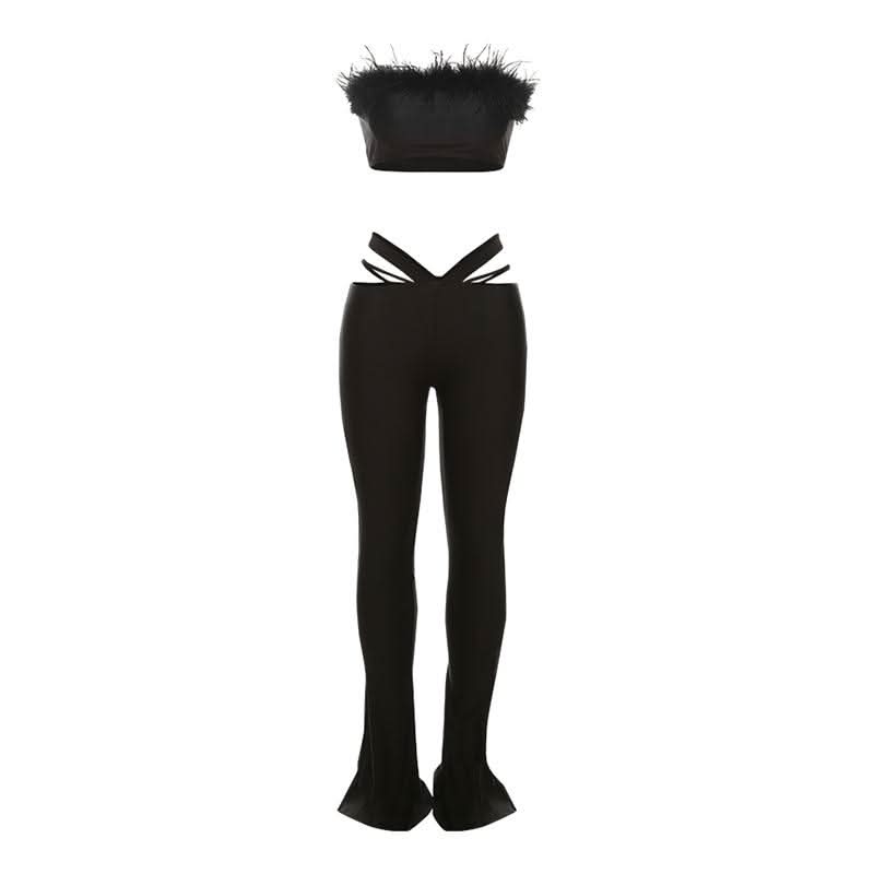 Glam Feather Tube Top & Cutout Flare Pants Set - Ultimate Fall Party & Halloween Style