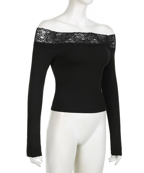 Fall & Beyond: Chic Black Lace Off-Shoulder Long Sleeve Top | American Women's Style Essential