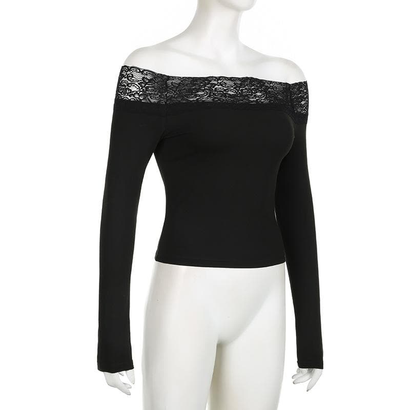 Fall & Beyond: Chic Black Lace Off-Shoulder Long Sleeve Top | American Women's Style Essential