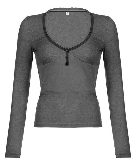 Fall Chic Ribbed Henley Long Sleeve Top | Lace Trim, Thumbholes & Flattering Fit