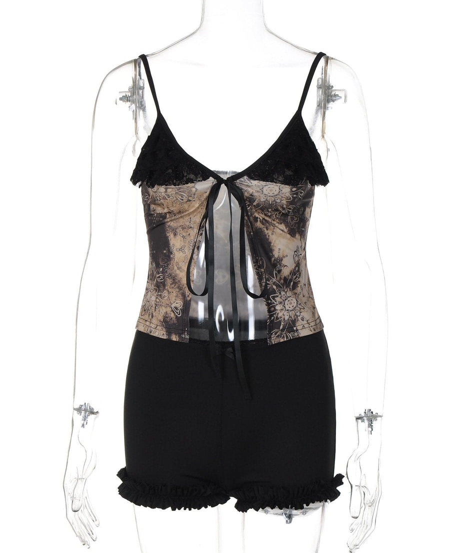 Gothic Bloom Lace & Tie-Front Cami Shorts Set | Cozy Autumn Loungewear