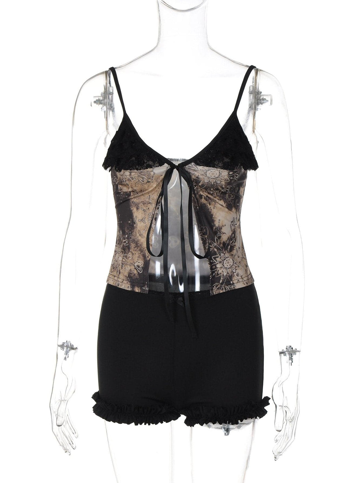 Gothic Bloom Lace & Tie-Front Cami Shorts Set | Cozy Autumn Loungewear