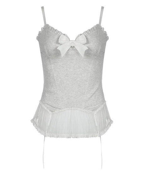 Chic Coquette Bow Corset Cami Top - Ruffled Lace Hem Tank for Fall Style