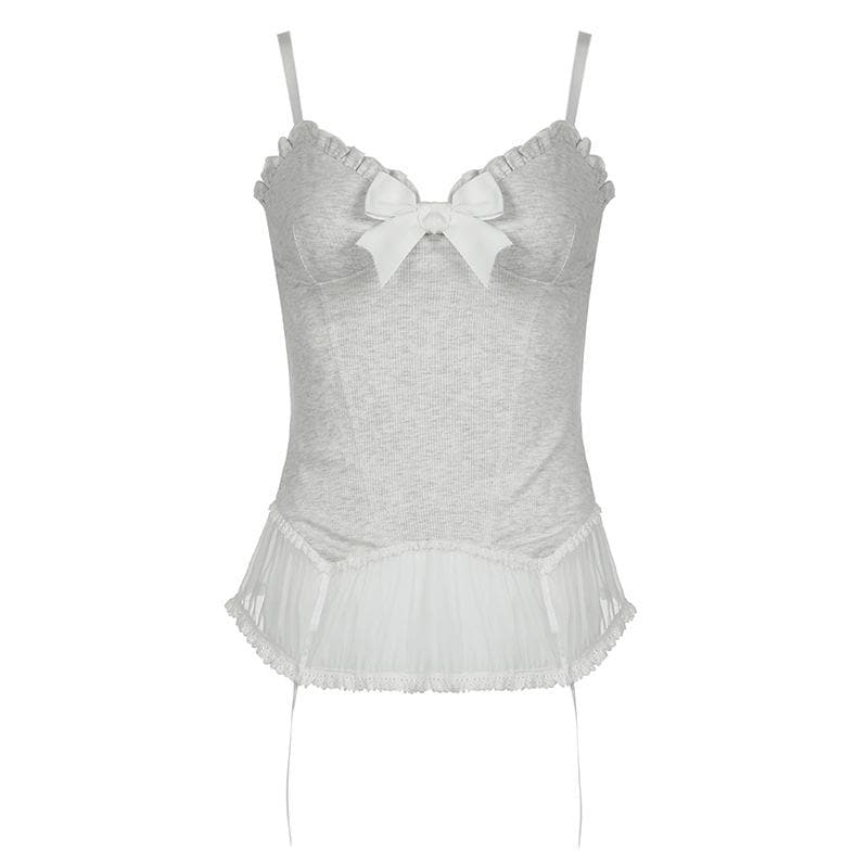 Chic Coquette Bow Corset Cami Top - Ruffled Lace Hem Tank for Fall Style
